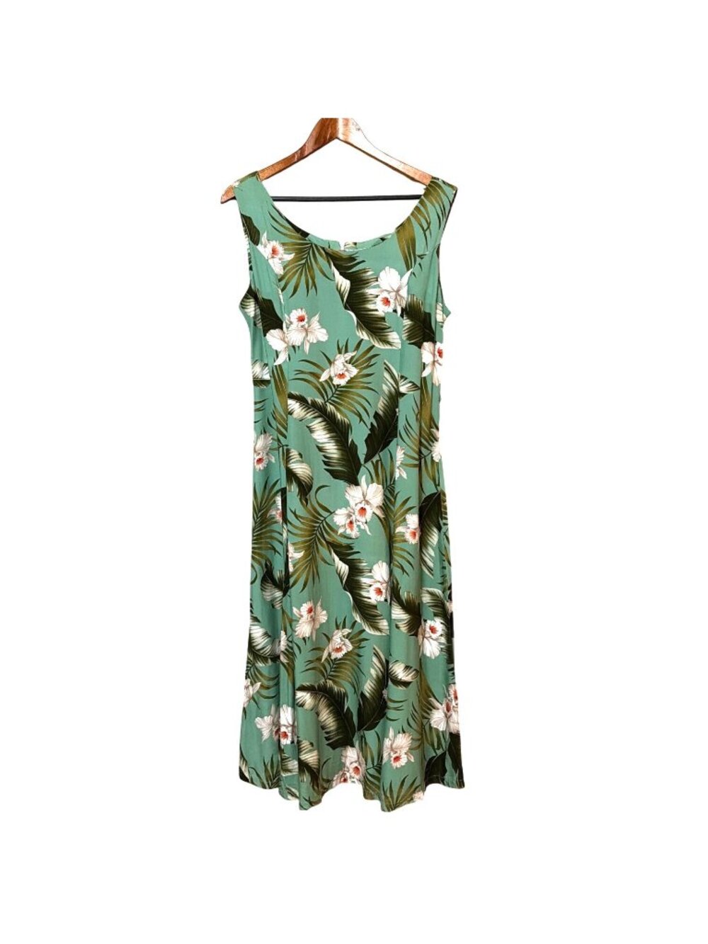 Paradise Bay‎ Hawaiian Floral Maxi Dress XL Green White Tropical Sleeveless